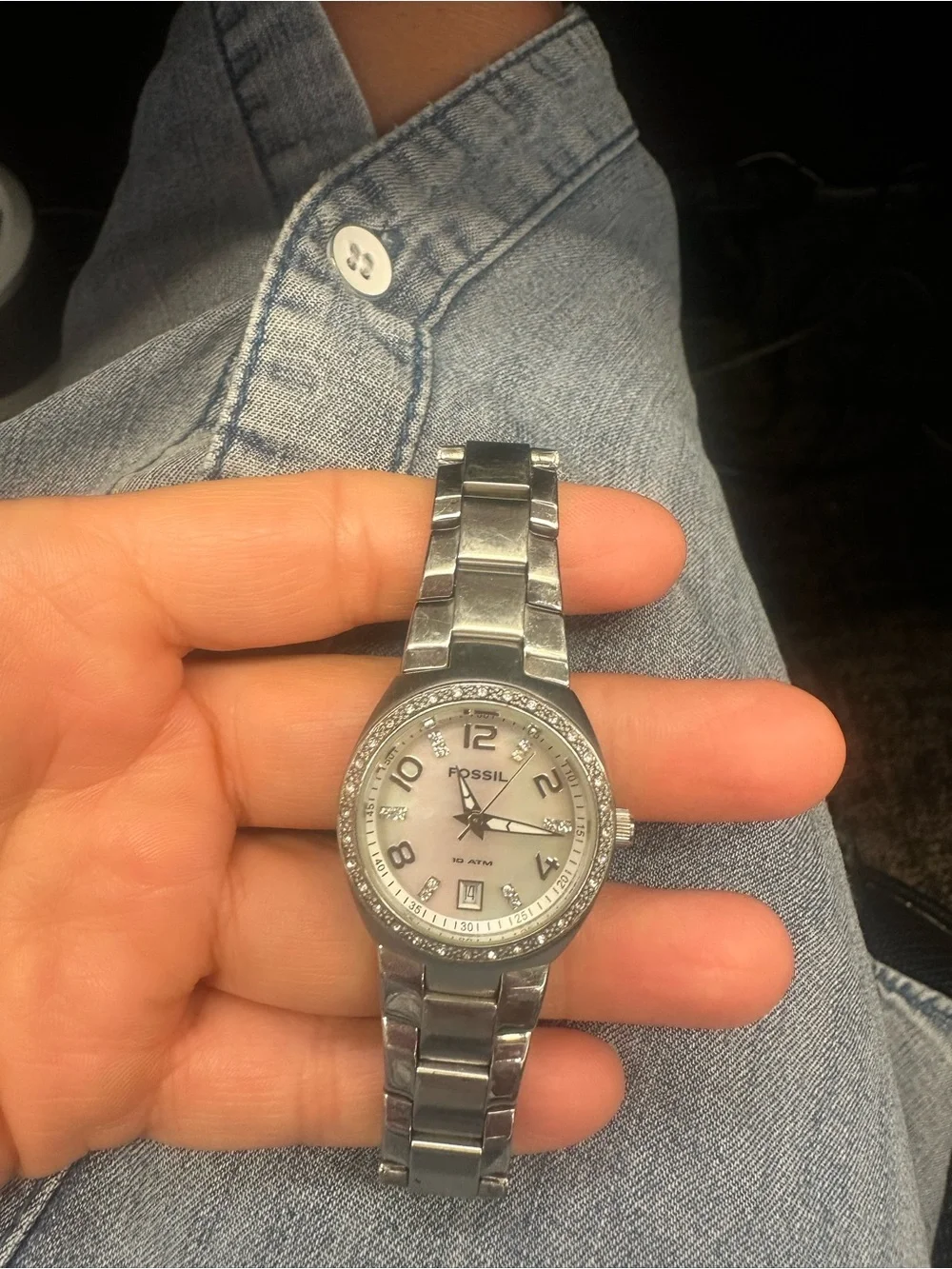 Fossil Silver Stainless Steel Watch with Mother-of-Pearl Dial